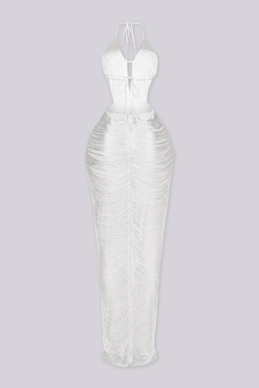 EDGEBYKS - Fringe tassel maxi dress with a plunging halter neckline, white back view
