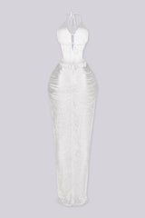 EDGEBYKS - Fringe tassel maxi dress with a plunging halter neckline, white back view