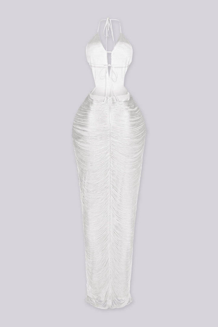 EDGEBYKS - Fringe tassel maxi dress with a plunging halter neckline, white back view