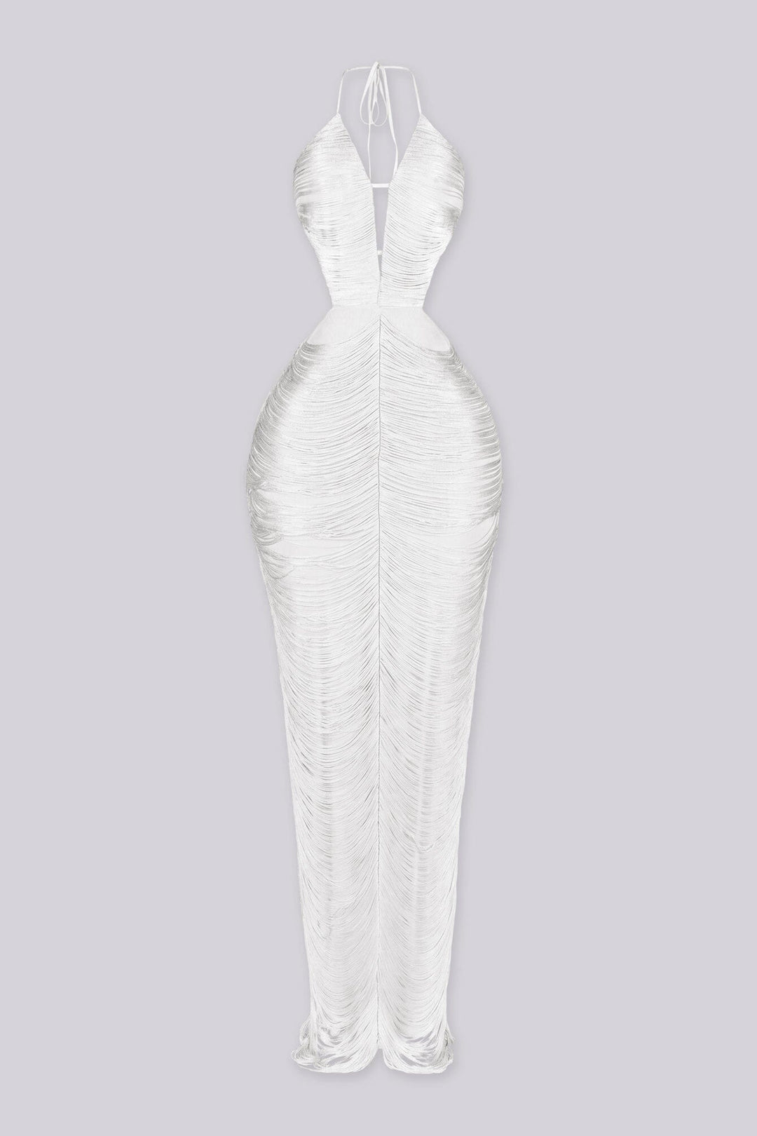 EDGEBYKS - Fringe tassel maxi dress with a plunging halter neckline, white front view