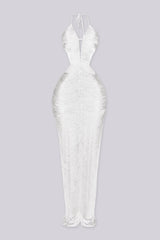 EDGEBYKS - Fringe tassel maxi dress with a plunging halter neckline, white front view