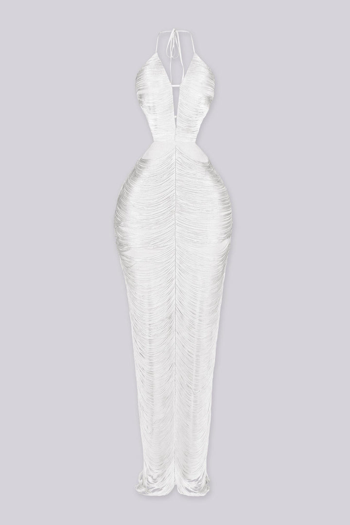 EDGEBYKS - Fringe tassel maxi dress with a plunging halter neckline, white front view