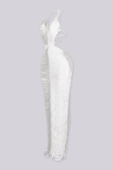 EDGEBYKS - Fringe tassel maxi dress with a plunging halter neckline, white side view
