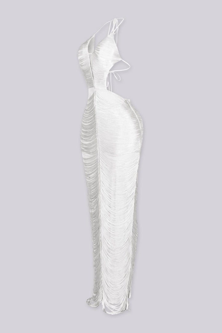 EDGEBYKS - Fringe tassel maxi dress with a plunging halter neckline, white side view
