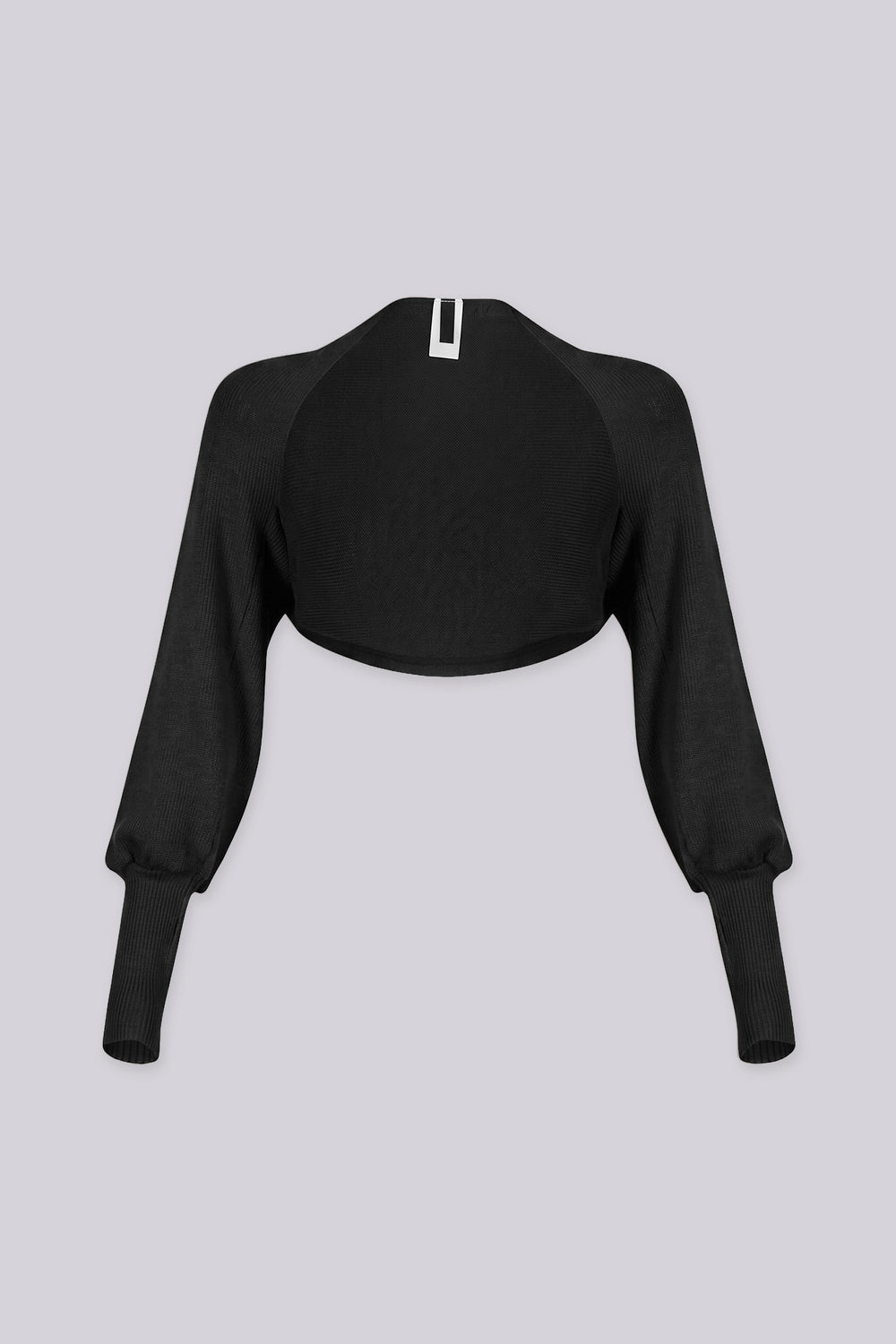 Ribbed knit ultra cropped bolero with dramatic balloon sleeves gather into fitted ribbed cuffs