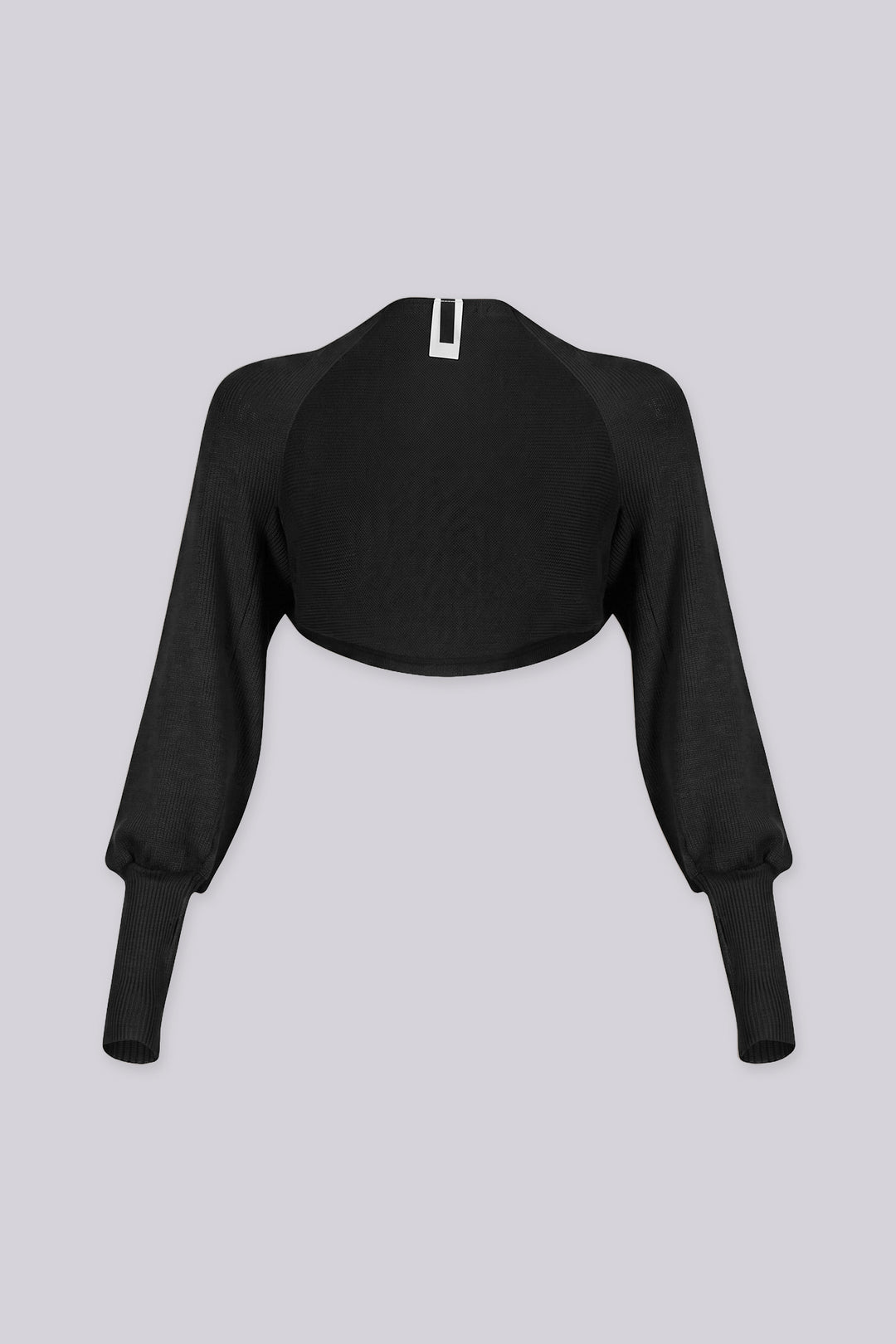 Ribbed knit ultra cropped bolero with dramatic balloon sleeves gather into fitted ribbed cuffs
