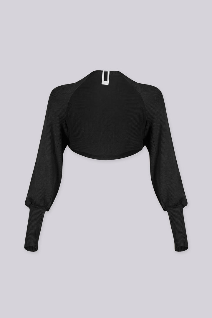 Ribbed knit ultra cropped bolero with dramatic balloon sleeves gather into fitted ribbed cuffs