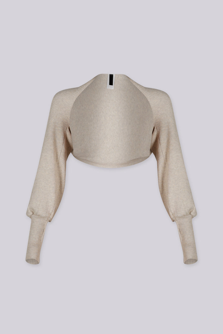 Ribbed knit ultra cropped bolero with dramatic balloon sleeves gather into fitted ribbed cuffs