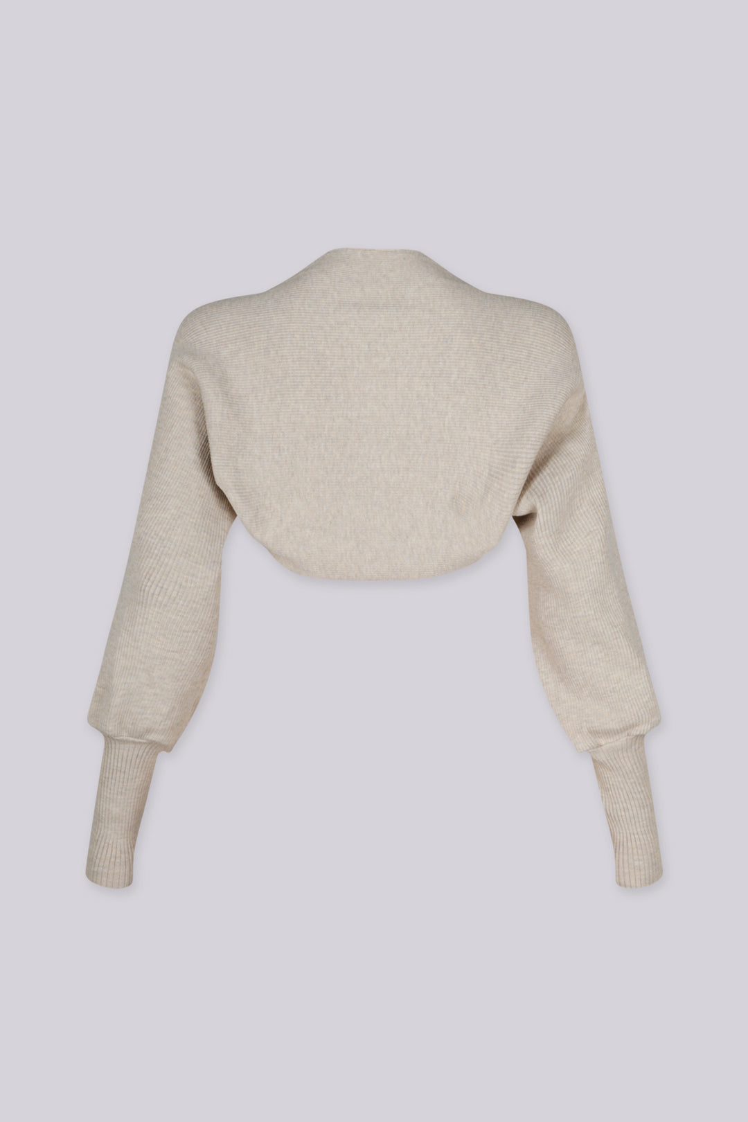 Ribbed knit ultra cropped bolero with dramatic balloon sleeves gather into fitted ribbed cuffs