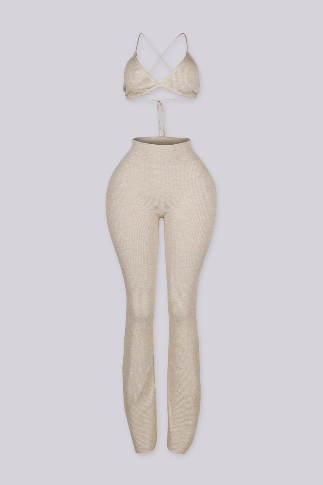 Ribbed knit triangle bralette top with thin adjustable spaghetti straps that tie behind the neck and back