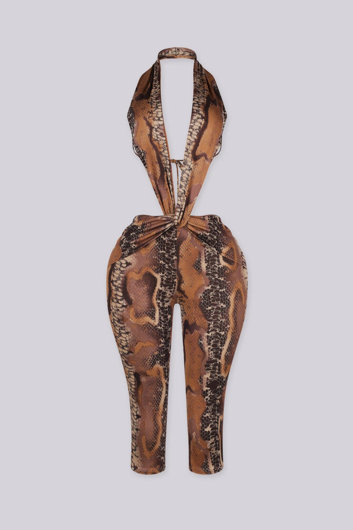Snake print open back capri jumpsuit,
Draped front knot detail