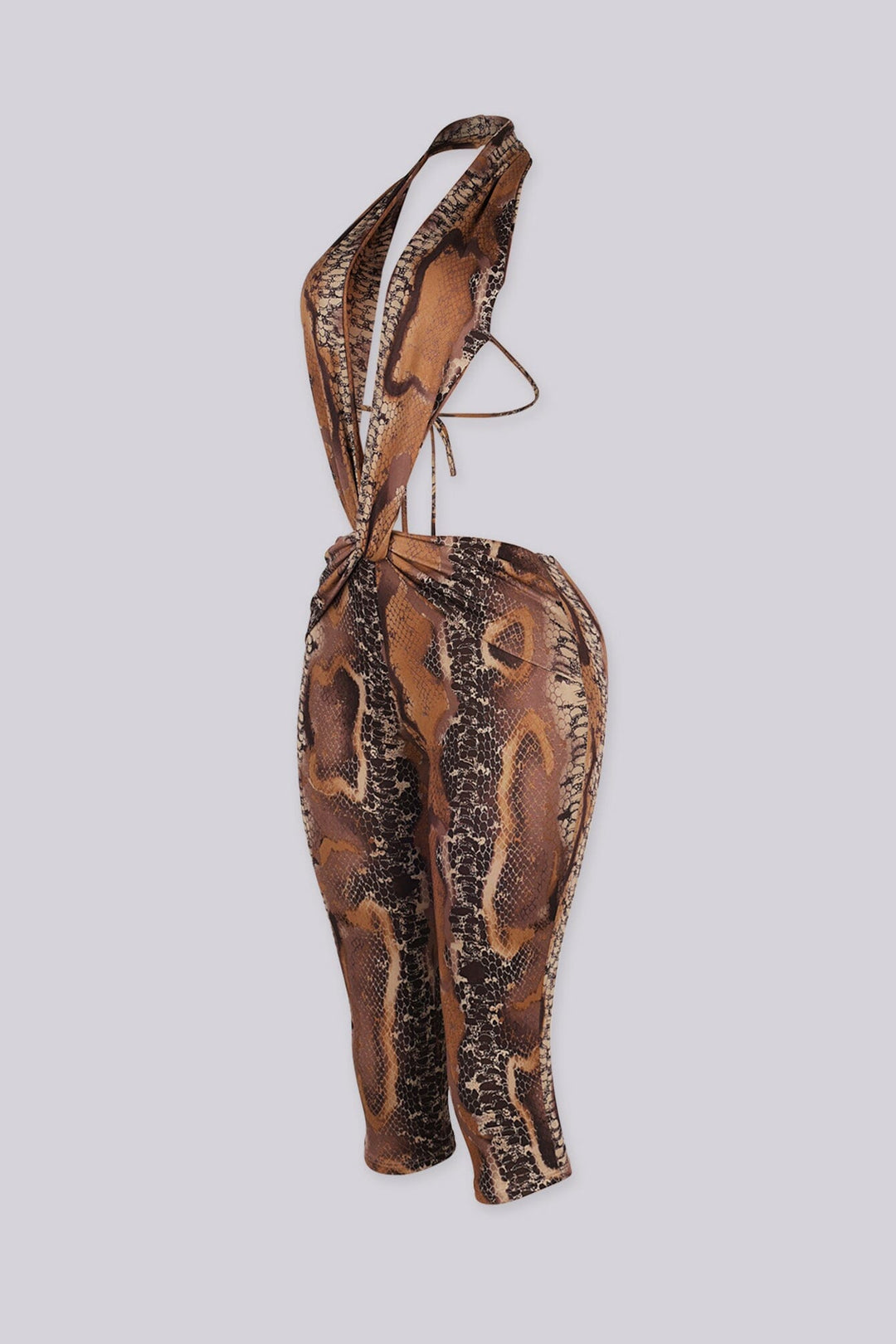 Snake print open back capri jumpsuit,
Draped front knot detail