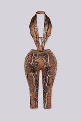 Snake print open back capri jumpsuit,
Draped front knot detail