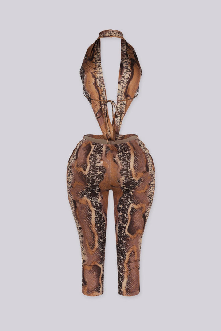 Snake print open back capri jumpsuit,
Draped front knot detail