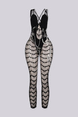 Sheer mesh V neckline jumpsuit with bold spider web cut-out pattern