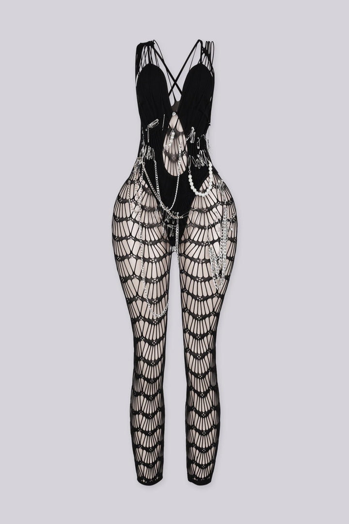 Sheer mesh V neckline jumpsuit with bold spider web cut-out pattern