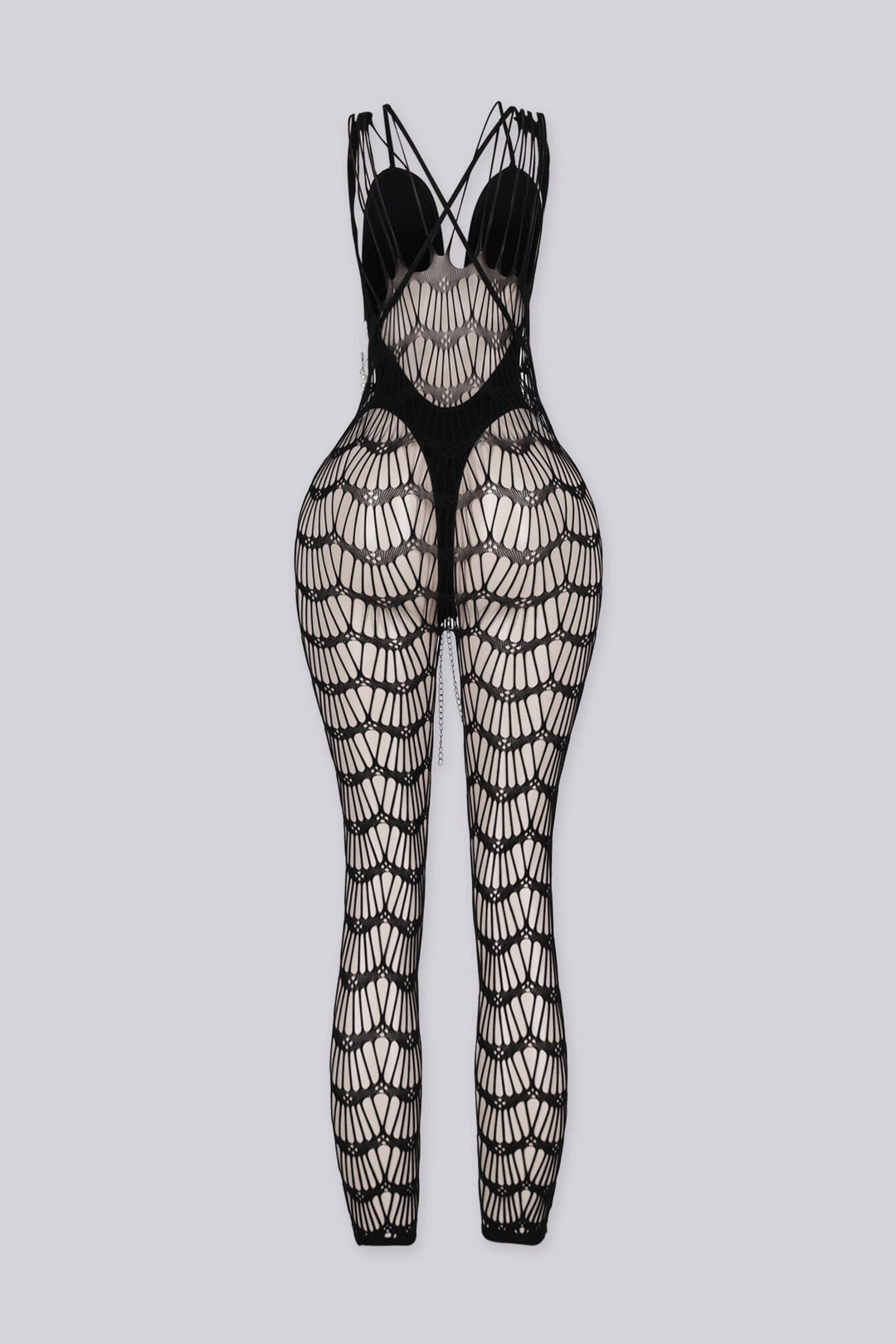 Sheer mesh V neckline jumpsuit with bold spider web cut-out pattern
