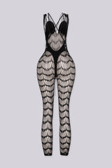 Sheer mesh V neckline jumpsuit with bold spider web cut-out pattern