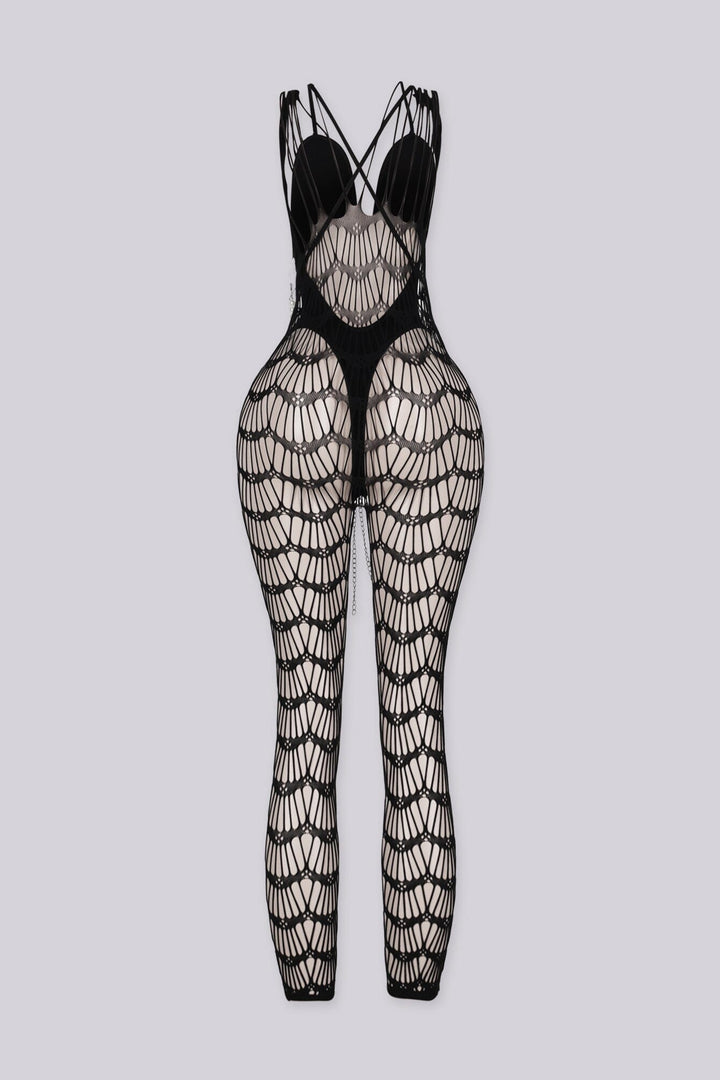 Sheer mesh V neckline jumpsuit with bold spider web cut-out pattern
