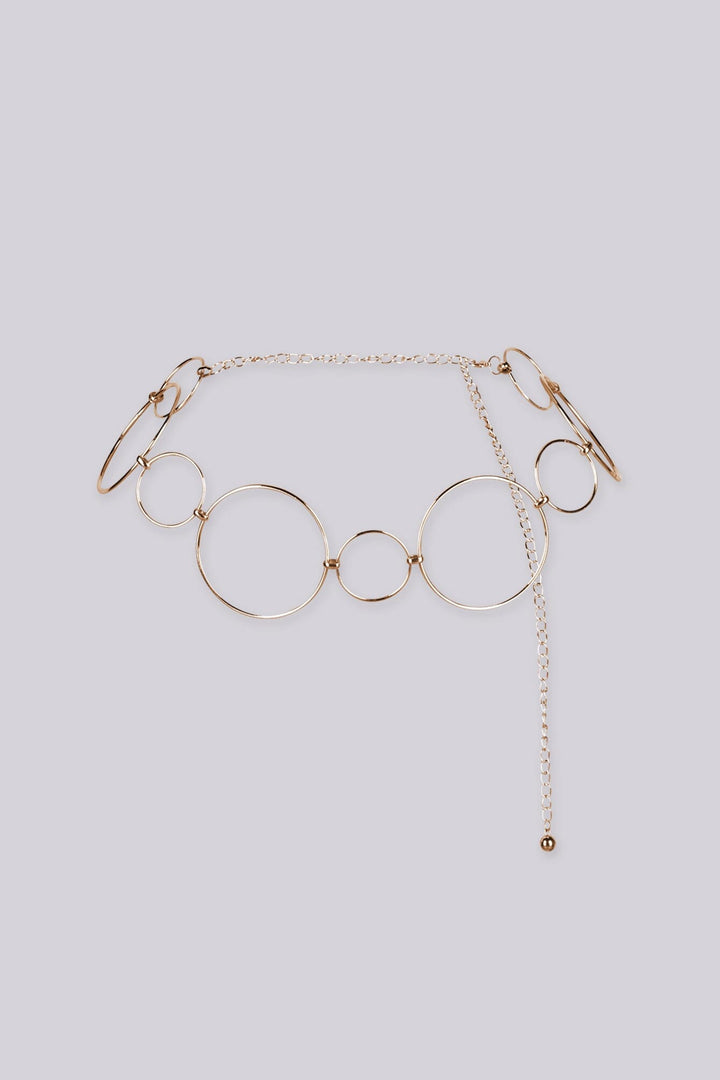 Statement bracelet featuring a series of interlocking metal circles in varying sizes