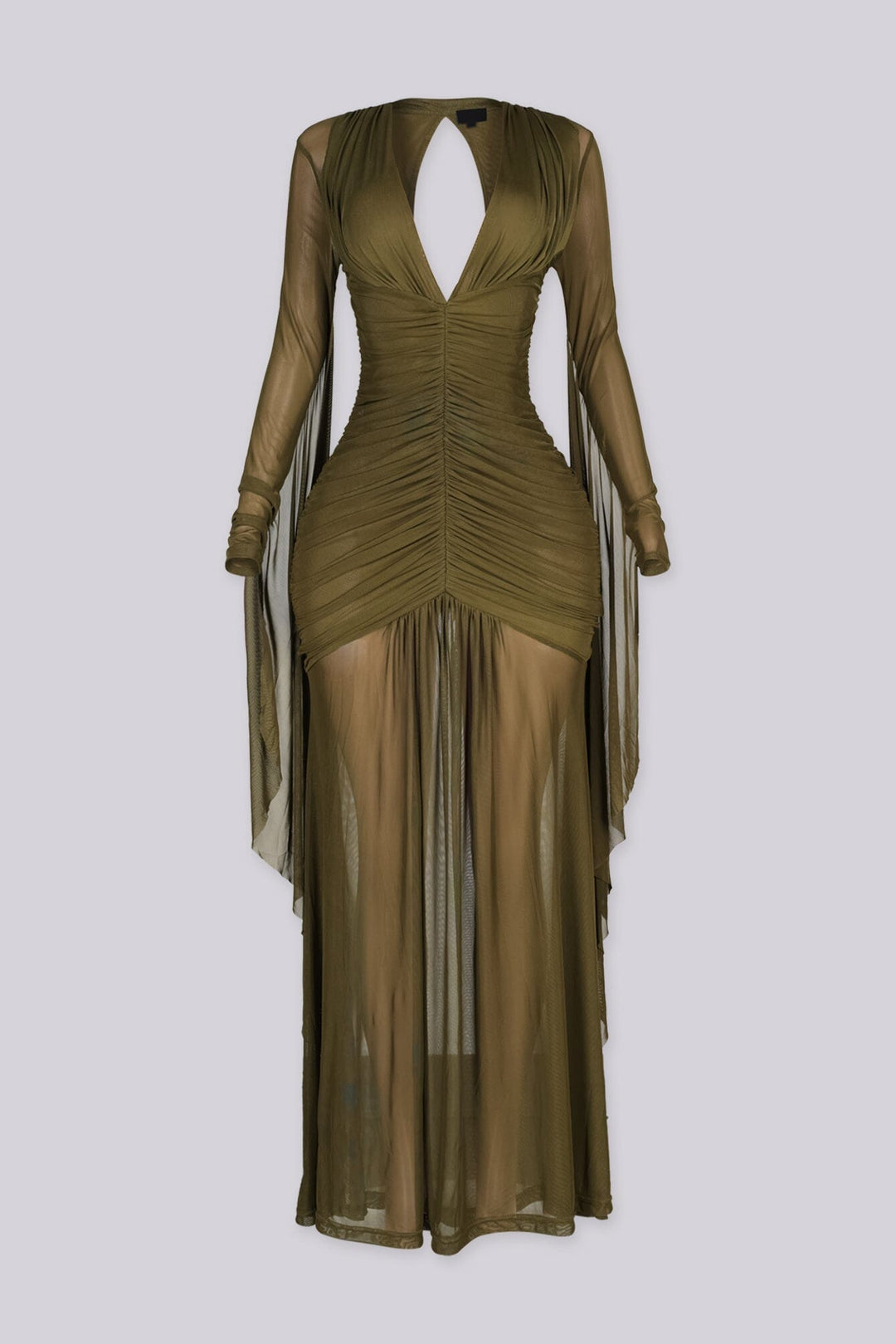 Sheer mesh long sleeve maxi dress with deep V plunging neckline and open keyhole back