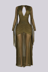 Sheer mesh long sleeve maxi dress with deep V plunging neckline and open keyhole back