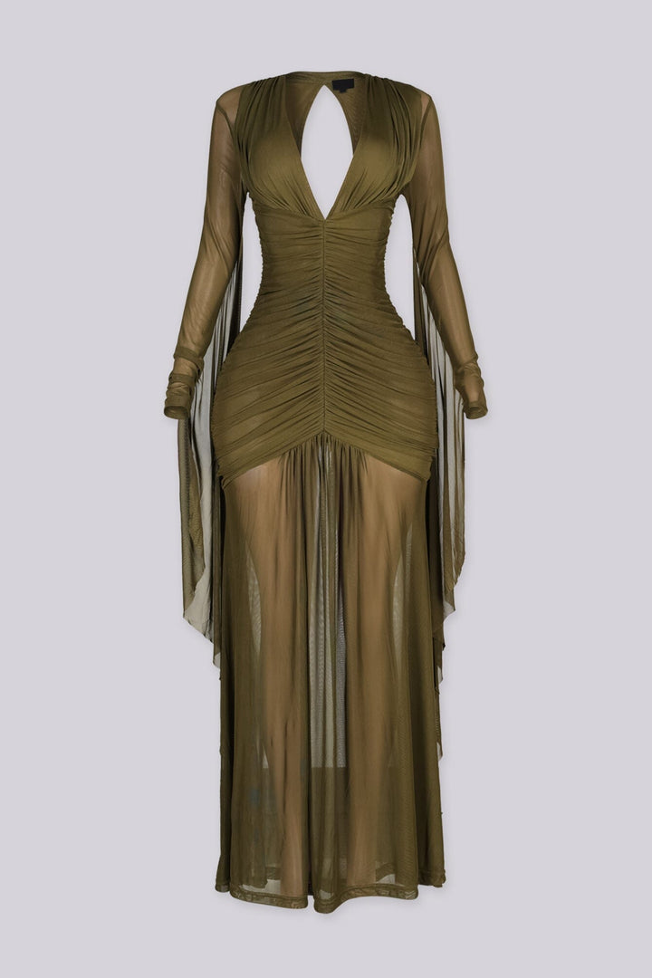Sheer mesh long sleeve maxi dress with deep V plunging neckline and open keyhole back