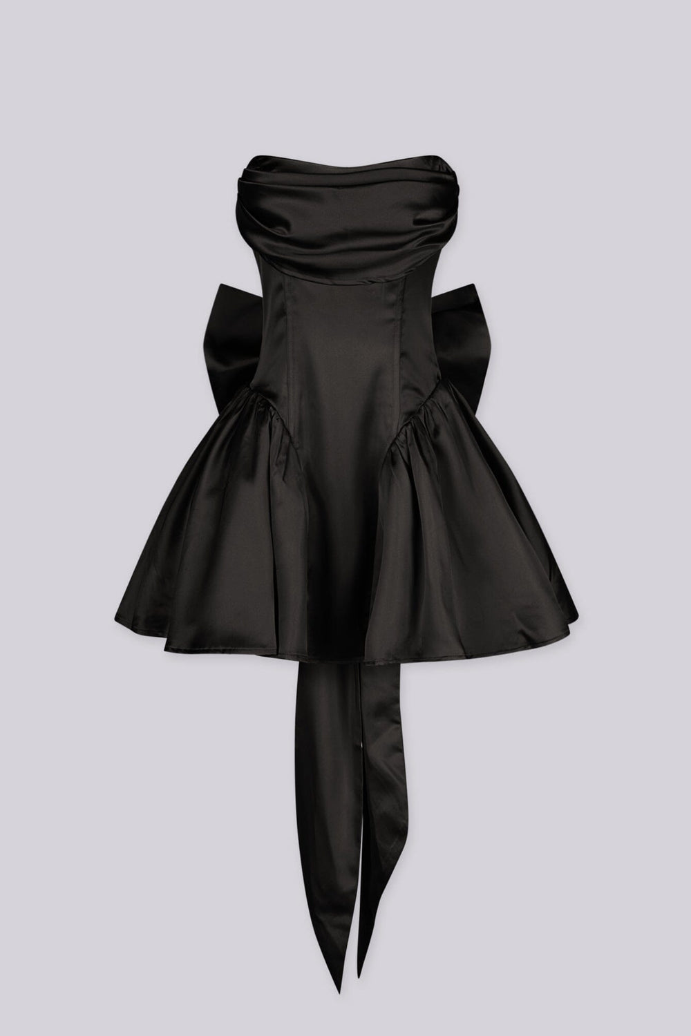 Off the shoulder fitted bodice satin mini dress with draped fold over neckline featuring dropped waistline and layers of full tiered ruffle skirt