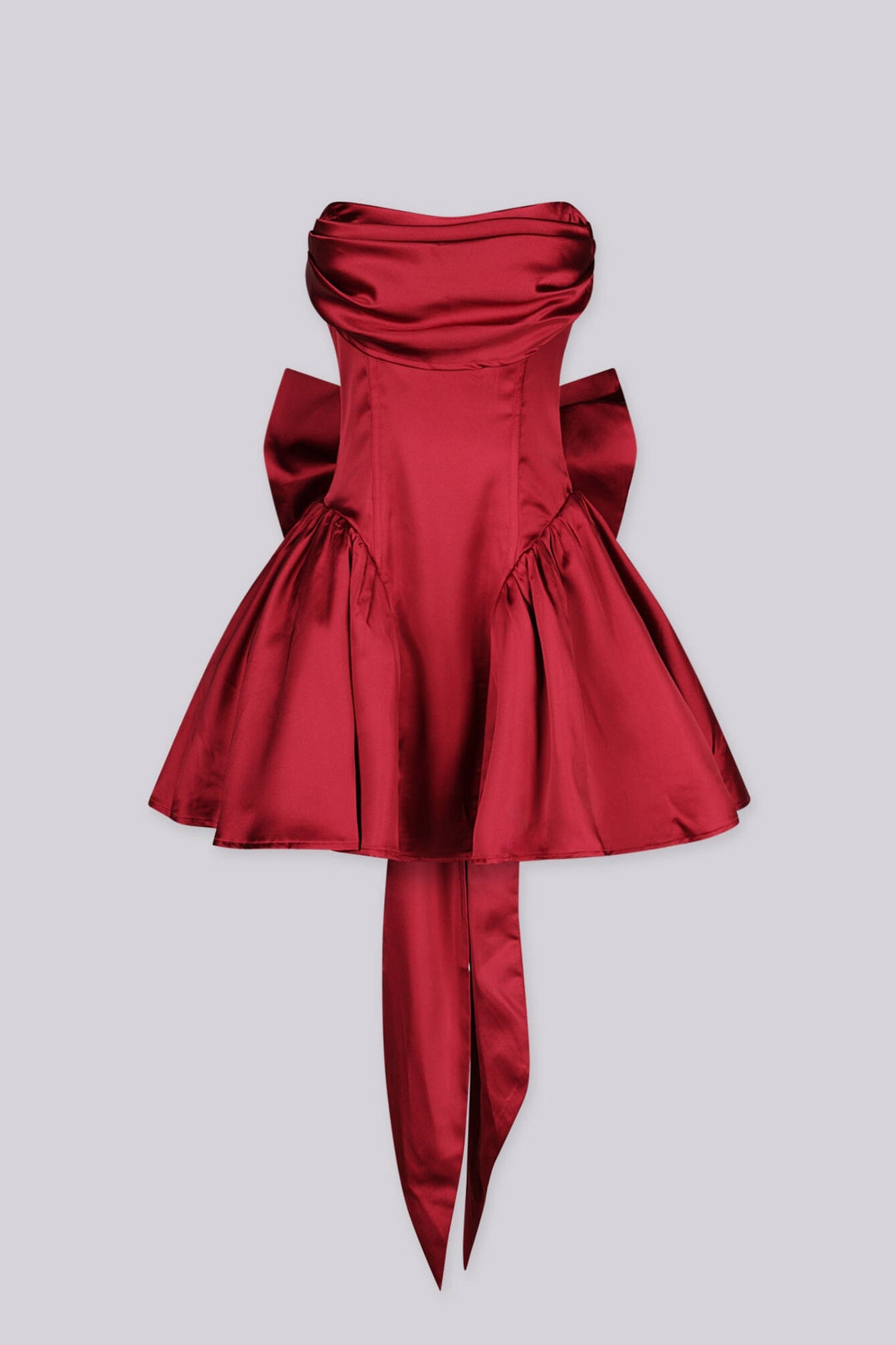 Off the shoulder fitted bodice satin mini dress with draped fold over neckline featuring dropped waistline and layers of full tiered ruffle skirt