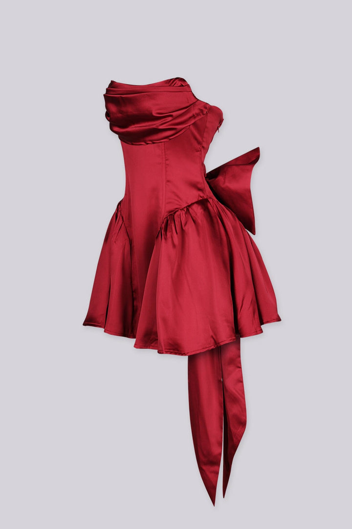 Off the shoulder fitted bodice satin mini dress with draped fold over neckline featuring dropped waistline and layers of full tiered ruffle skirt