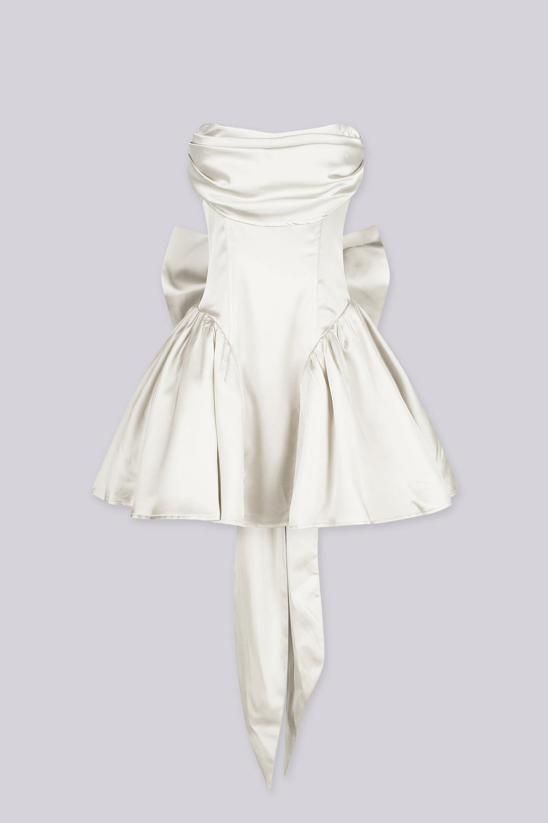 Off the shoulder fitted bodice satin mini dress with draped fold over neckline featuring dropped waistline and layers of full tiered ruffle skirt