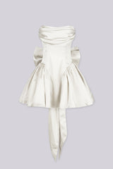 Off the shoulder fitted bodice satin mini dress with draped fold over neckline featuring dropped waistline and layers of full tiered ruffle skirt