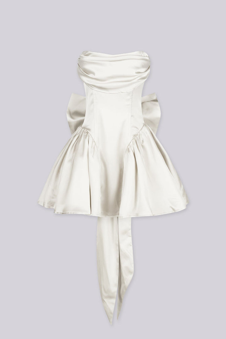 Off the shoulder fitted bodice satin mini dress with draped fold over neckline featuring dropped waistline and layers of full tiered ruffle skirt