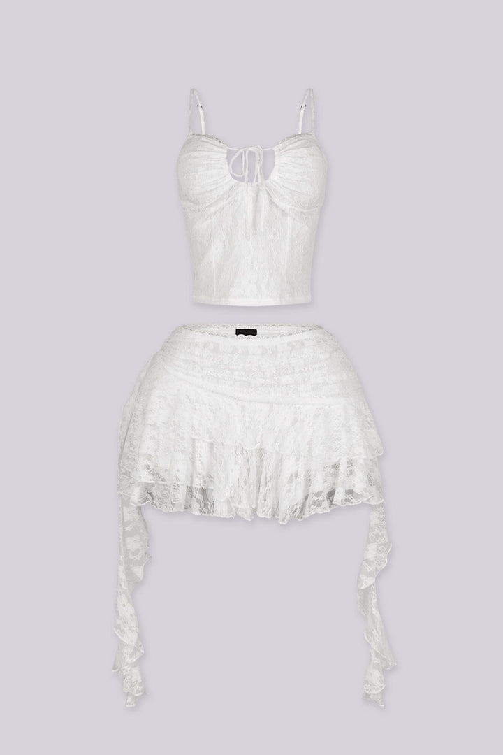 Lace cami tank top with lace trim neckline and front tie detail
