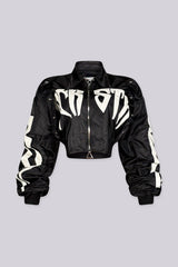 Cropped bomber jacket with a collared snap button placket featuring graphic lettering print and heavily ruched sleeve detail