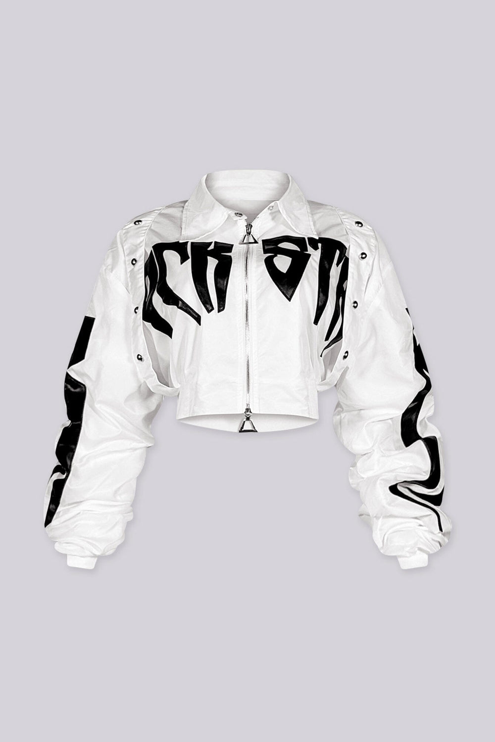 Cropped bomber jacket with a collared snap button placket featuring graphic lettering print and heavily ruched sleeve detail