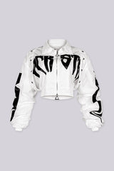 Cropped bomber jacket with a collared snap button placket featuring graphic lettering print and heavily ruched sleeve detail