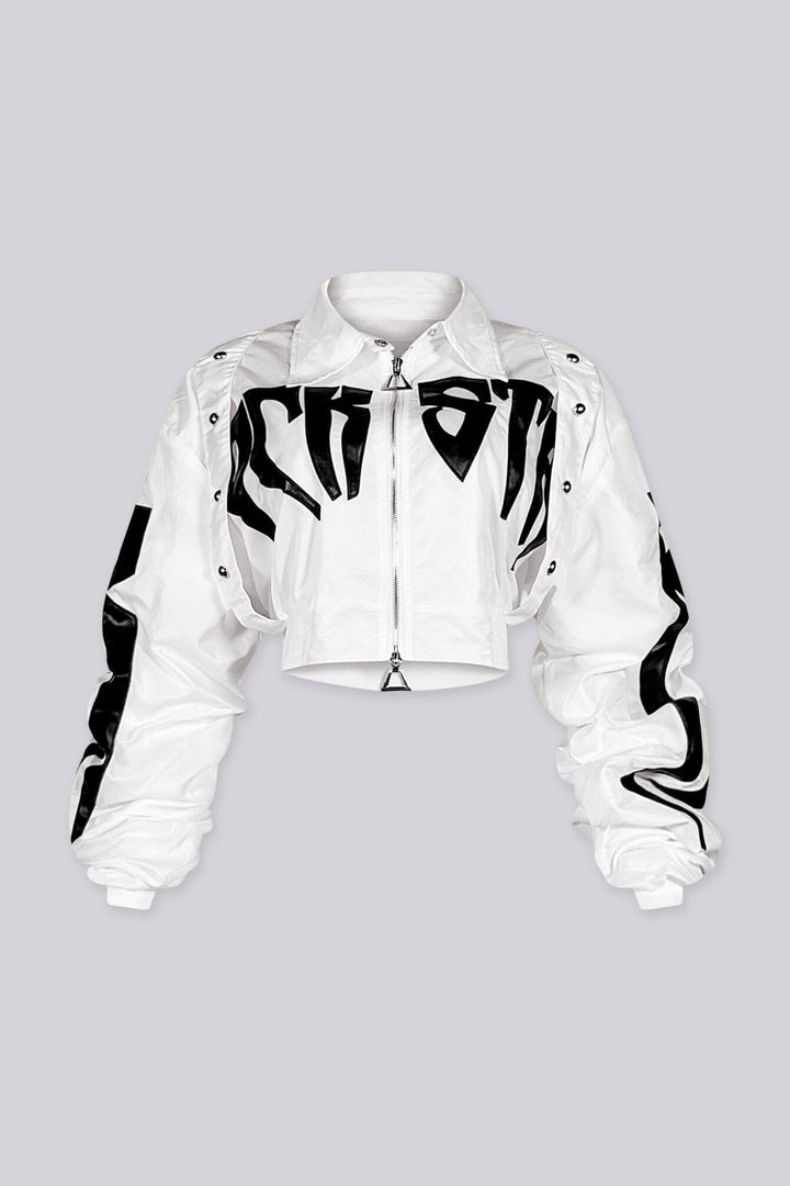 Cropped bomber jacket with a collared snap button placket featuring graphic lettering print and heavily ruched sleeve detail