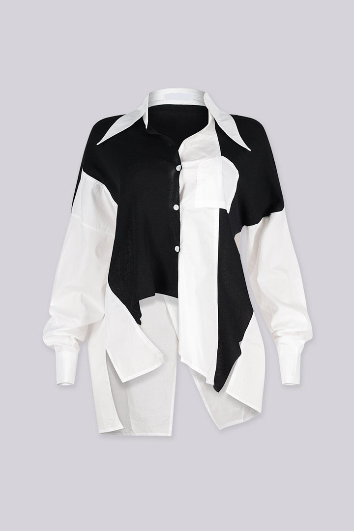 Crisp point collar oversized button up shirt with color block paneling patchwork