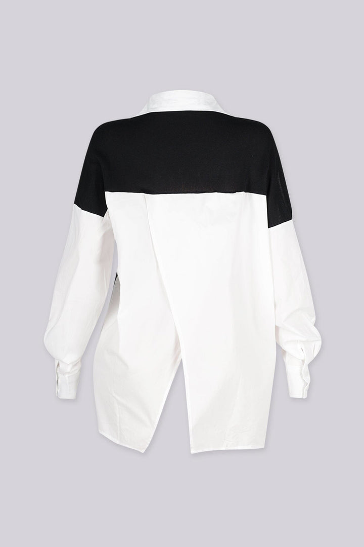 Crisp point collar oversized button up shirt with color block paneling patchwork