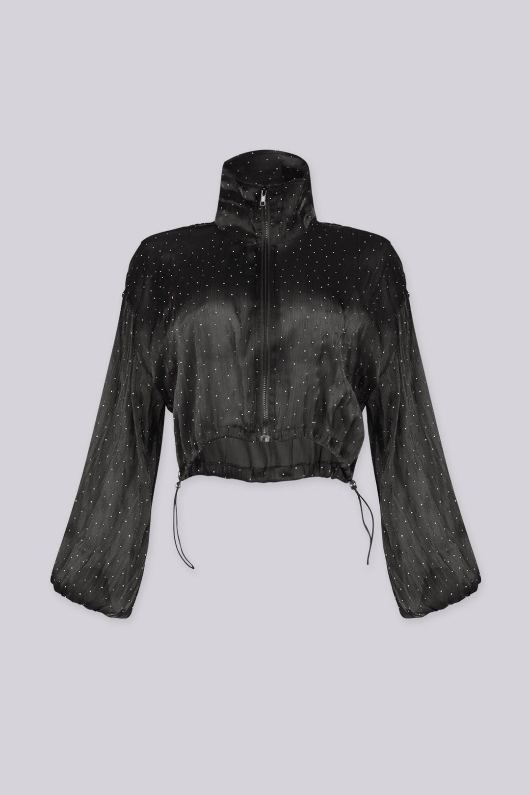 Cropped jacket with a funnel neck collar featuring rhinestone scatter detailing and drawstring cinched cuffs and hem