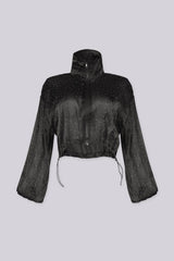 Cropped jacket with a funnel neck collar featuring rhinestone scatter detailing and drawstring cinched cuffs and hem