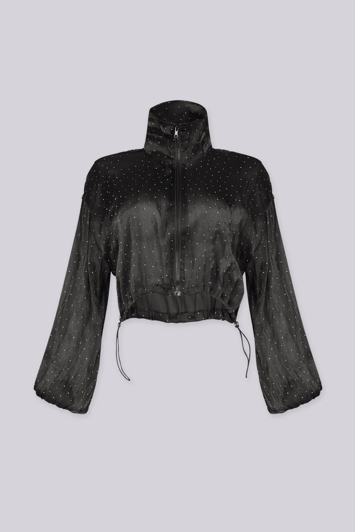 Cropped jacket with a funnel neck collar featuring rhinestone scatter detailing and drawstring cinched cuffs and hem