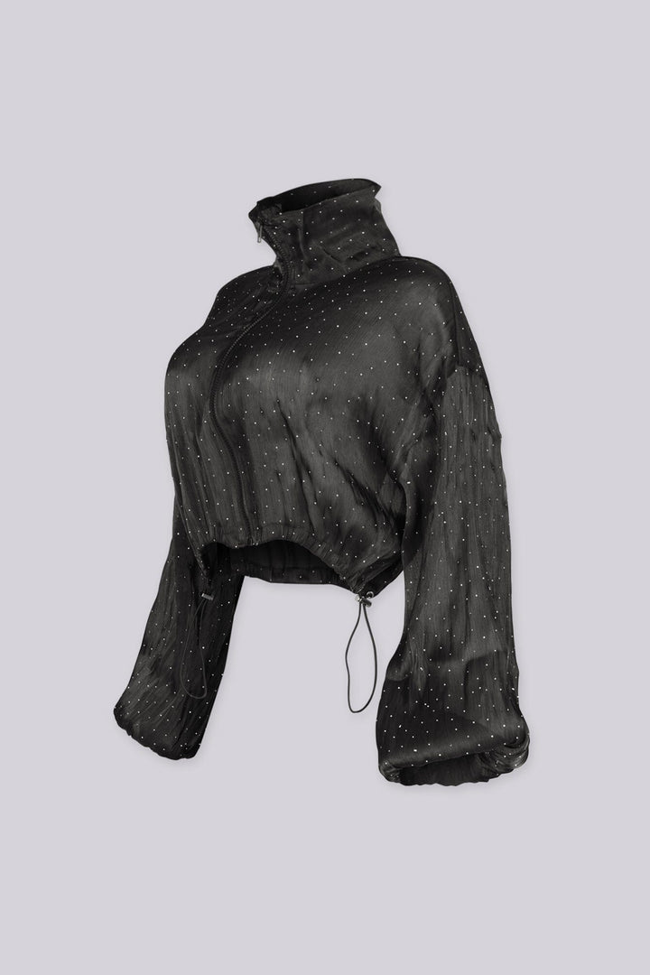 Cropped jacket with a funnel neck collar featuring rhinestone scatter detailing and drawstring cinched cuffs and hem