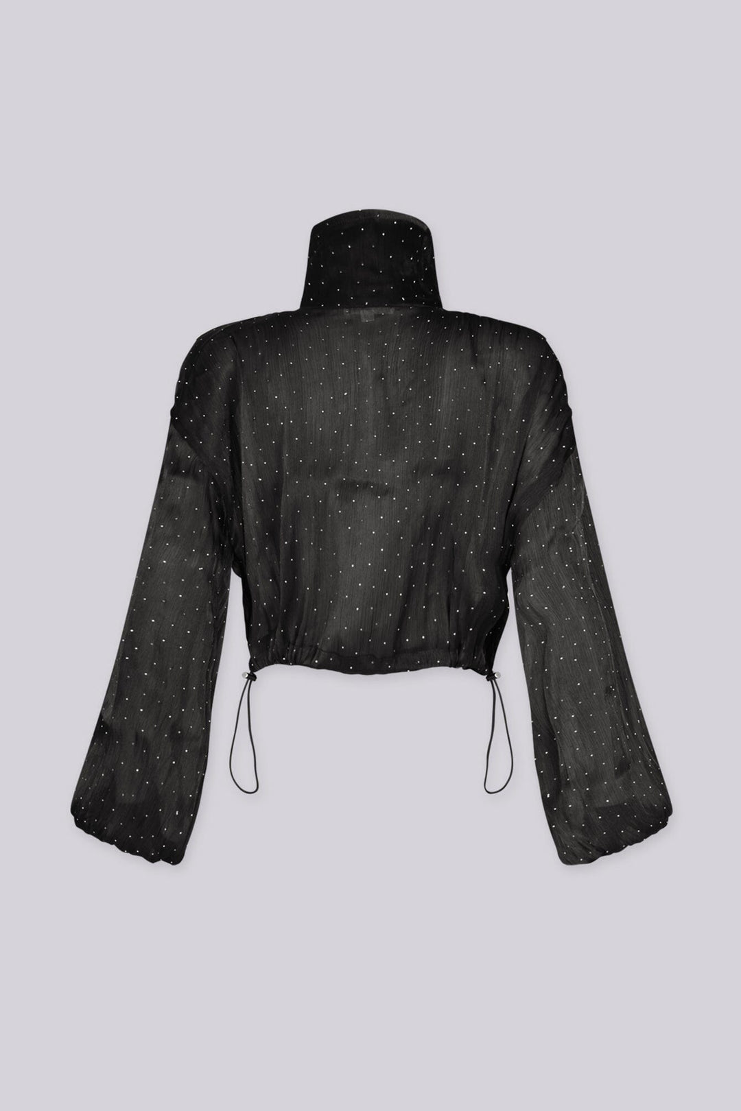 Cropped jacket with a funnel neck collar featuring rhinestone scatter detailing and drawstring cinched cuffs and hem