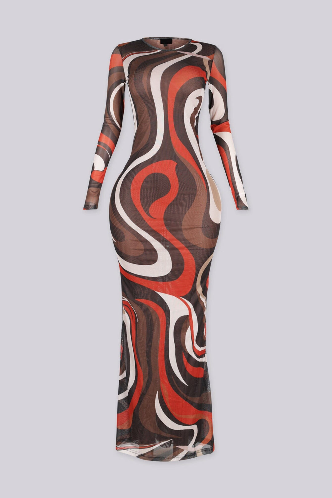 Soft stretch sheer mesh maxi dress with a bold retro swirl print