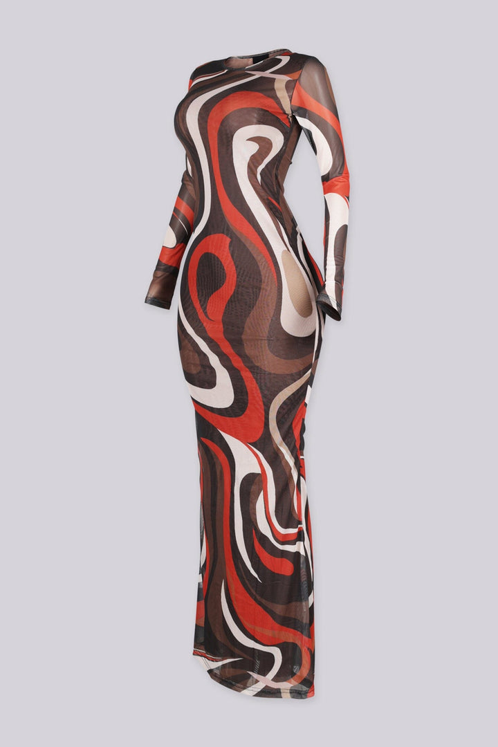 Soft stretch sheer mesh maxi dress with a bold retro swirl print
