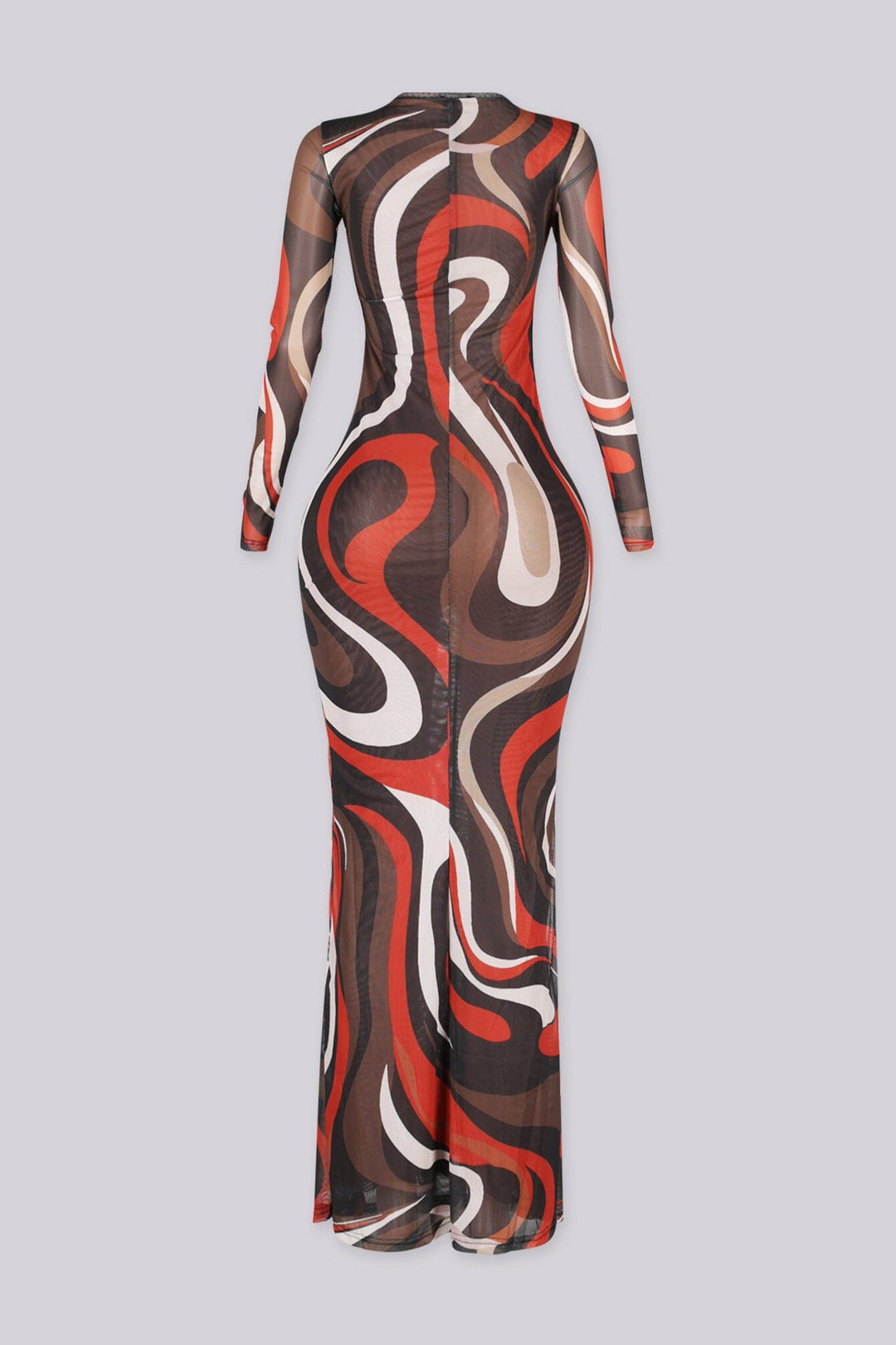 Soft stretch sheer mesh maxi dress with a bold retro swirl print