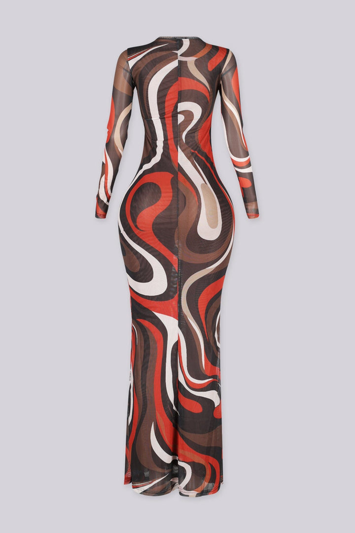Soft stretch sheer mesh maxi dress with a bold retro swirl print