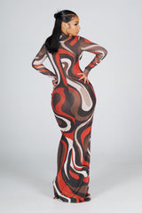 Soft stretch sheer mesh maxi dress with a bold retro swirl print
